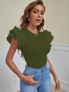 SHEIN Privé Layered Sleeve Ribbed Solid Bodysuit - Army Green - View 3