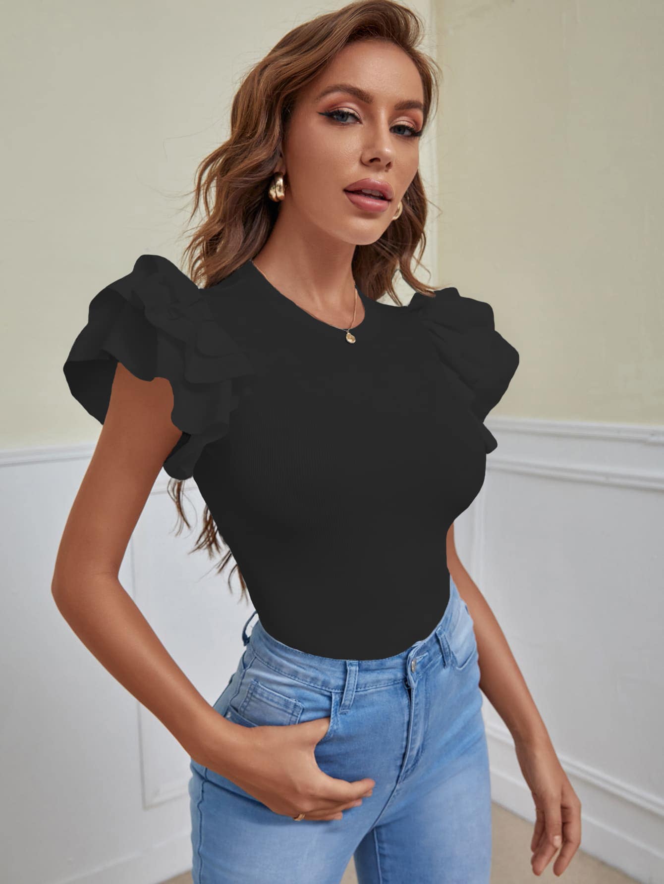 Layered Sleeve Ribbed Solid Bodysuit