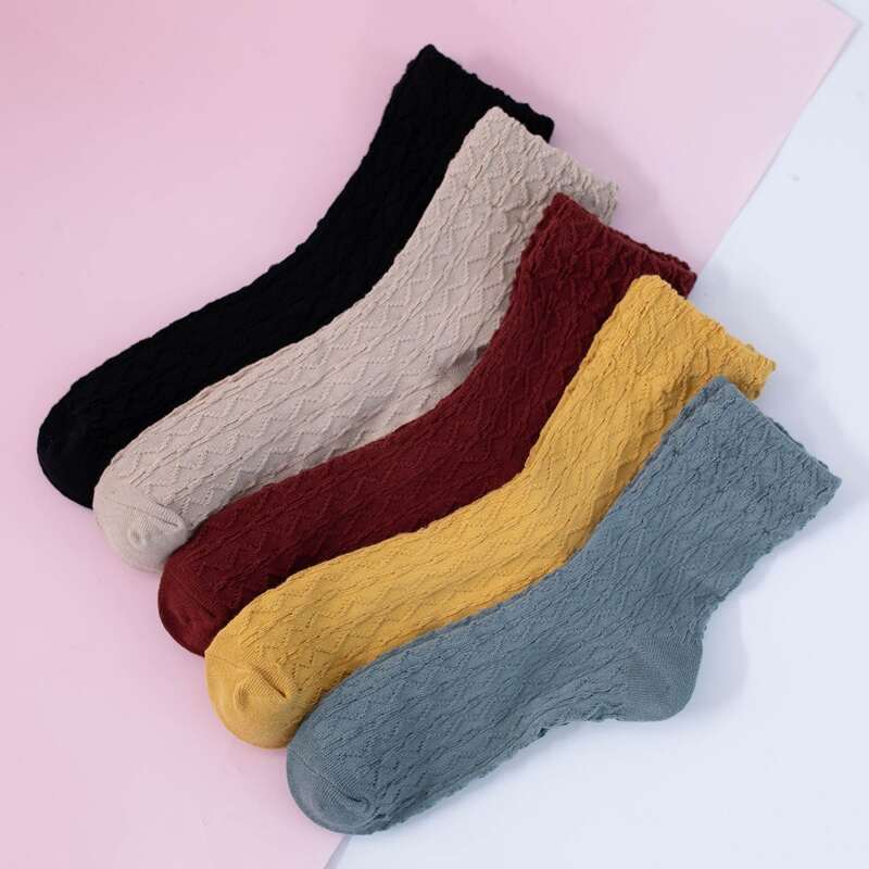 

5pairs Solid Textured Crew Socks, Multicolor
