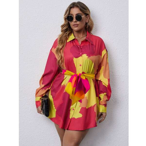 

Plus Colorblock Button Front Belted Shirt Dress, Multicolor