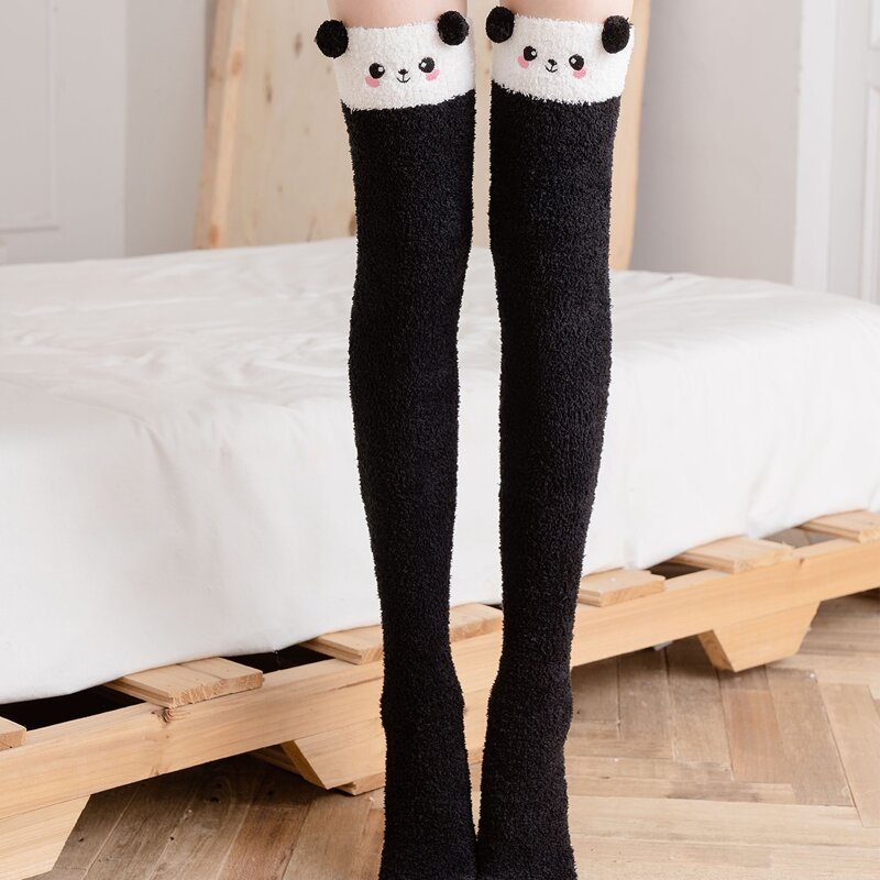 

Fluffy Cartoon Bear Over The Knee Socks, Black