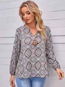 EMERY ROSE Blusa con estampado de damasco de manga obispo - Multicolor - Ver 1