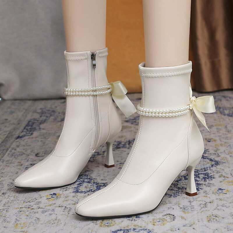 

Faux Pearl Decor Point Toe Boots, Beige