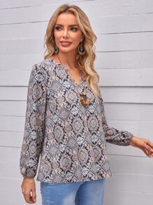 EMERY ROSE Blusa con estampado de damasco de manga obispo - Multicolor - Ver 5