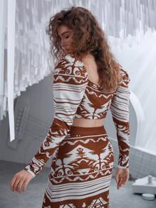 SHEIN VCAY 圖案印花方領羊腿袖上衣