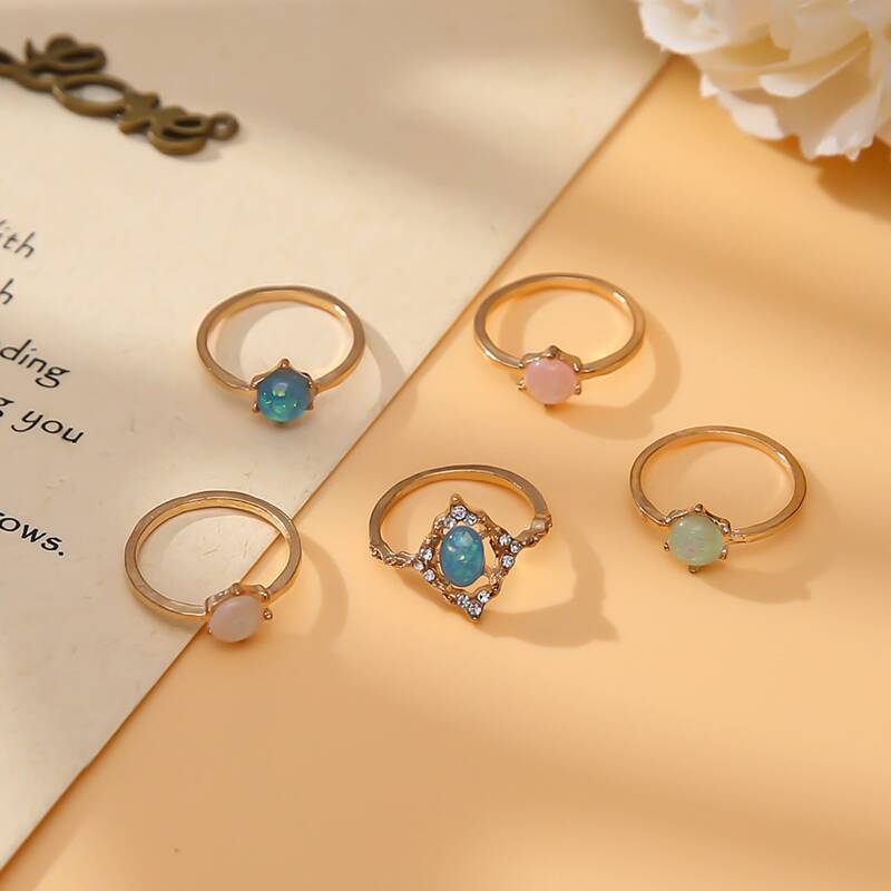 

5pcs Gemstone Decor Ring, Gold