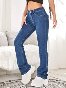Washed Flare Leg Jeans - Medium Wash - View 1