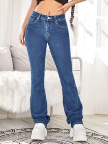 Washed Flare Leg Jeans - Medium Wash - View 5