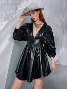 SHEIN Deep V Neck Lantern Sleeve PU Leather Dress Without Belt - Black - View 3