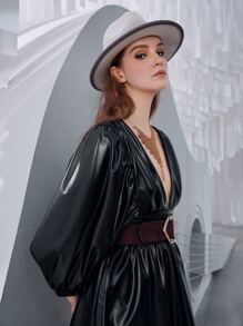 SHEIN Deep V Neck Lantern Sleeve PU Leather Dress Without Belt - Black - View 4