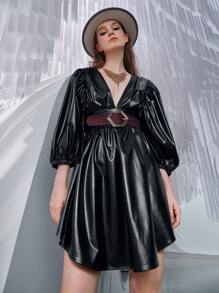SHEIN Deep V Neck Lantern Sleeve PU Leather Dress Without Belt - Black - View 7