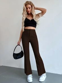 SHEIN MOOSTA Seam Front High Waist Flare Leg Trousers - Chocolate Brown - View 1
