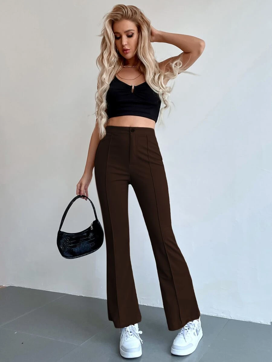 SHEIN MOOSTA Seam Front High Waist Flare Leg Trousers - Chocolate Brown - View 1