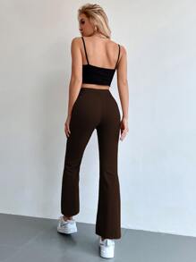 SHEIN MOOSTA Seam Front High Waist Flare Leg Trousers - Chocolate Brown - View 2