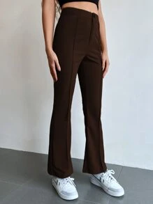 SHEIN MOOSTA Seam Front High Waist Flare Leg Trousers - Chocolate Brown - View 3