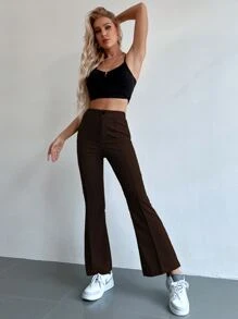 SHEIN MOOSTA Seam Front High Waist Flare Leg Trousers - Chocolate Brown - View 4