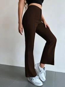 SHEIN MOOSTA Seam Front High Waist Flare Leg Trousers - Chocolate Brown - View 5