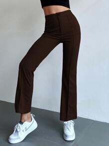 SHEIN MOOSTA Seam Front High Waist Flare Leg Trousers - Chocolate Brown - View 6