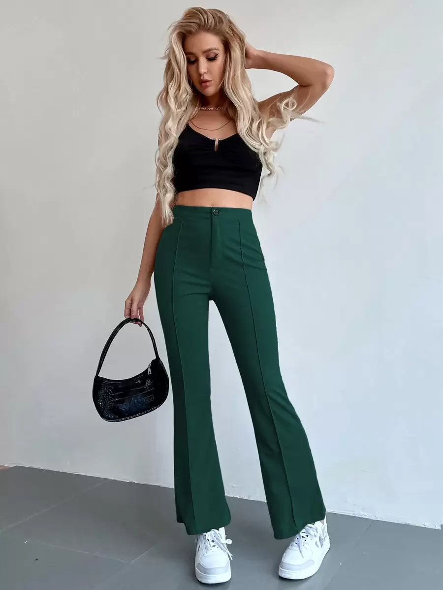 Chiquease Seam Front High Waist Flare Leg Pants - Dark Green - View 1