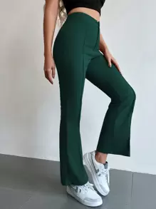 Chiquease Seam Front High Waist Flare Leg Pants - Dark Green - View 6