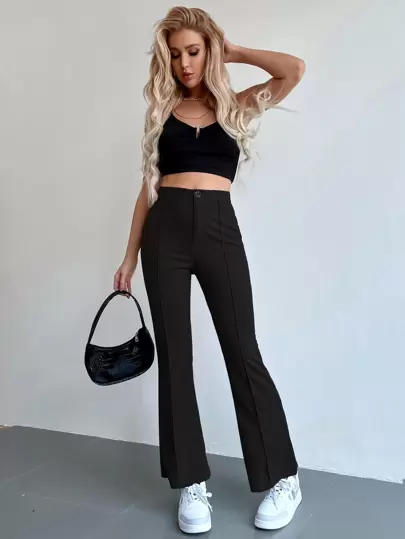 SHEIN Unity Pantalones acampanados de punto elástico de unicolor con bolsillo y botones