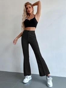 SHEIN Unity Solid Color Stretchy Knit Button Pocket Flared Leg Pants Fall Cloth For Women - Black - View 5
