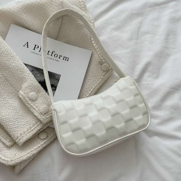 

Geometric Graphic Baguette Bag, White