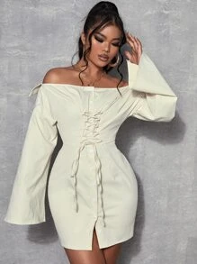 SHEIN SXY Vestido de hombros descubiertos con cordón delantero - Albaricoque - Ver 5