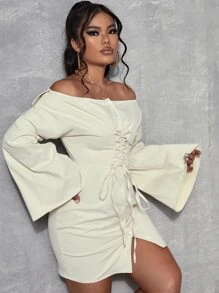 SHEIN SXY Vestido de hombros descubiertos con cordón delantero - Albaricoque - Ver 3