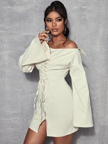 SHEIN SXY Vestido de hombros descubiertos con cordón delantero - Albaricoque - Ver 4