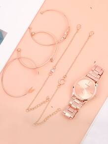 6入组時尚簡約圓形指針女式石英表和羽毛十字月亮裝飾手鍊組合套裝，適合女士日常裝飾 - 玫瑰金 - 查看 3