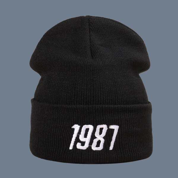 

Men Number Embroidery Beanie, Black