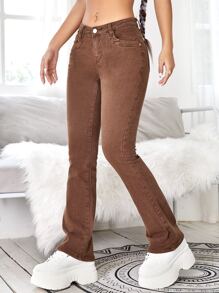 Jeans de pierna amplia con estiramiento alto - Marrón - Ver 1
