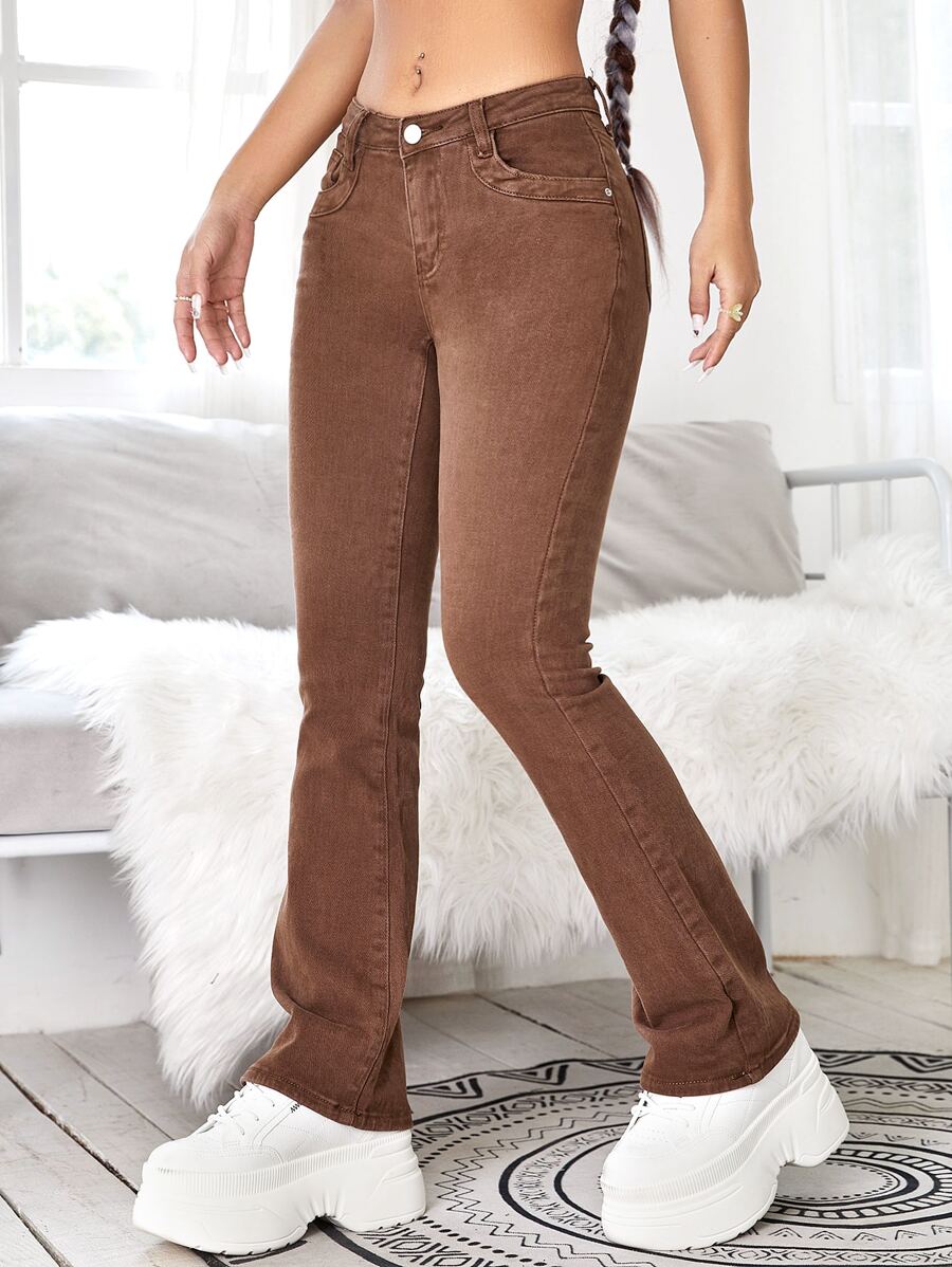 Jeans de pierna amplia con estiramiento alto - Marrón - Ver 1