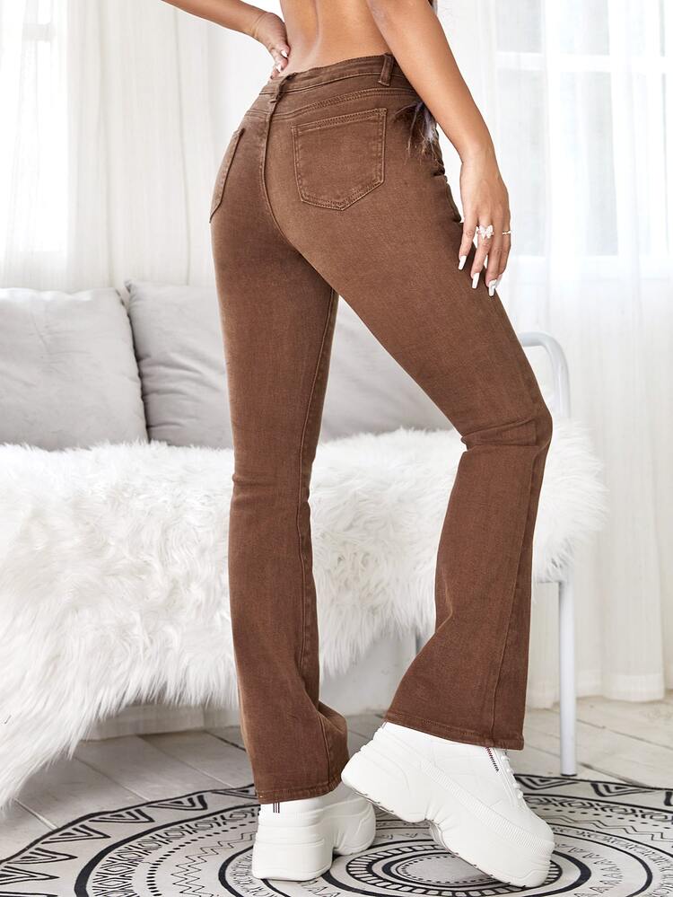 High Stretch Flare Leg Jeans - Brown - View 2