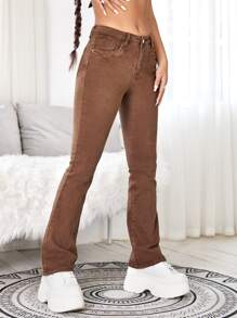 Jeans de pierna amplia con estiramiento alto - Marrón - Ver 5