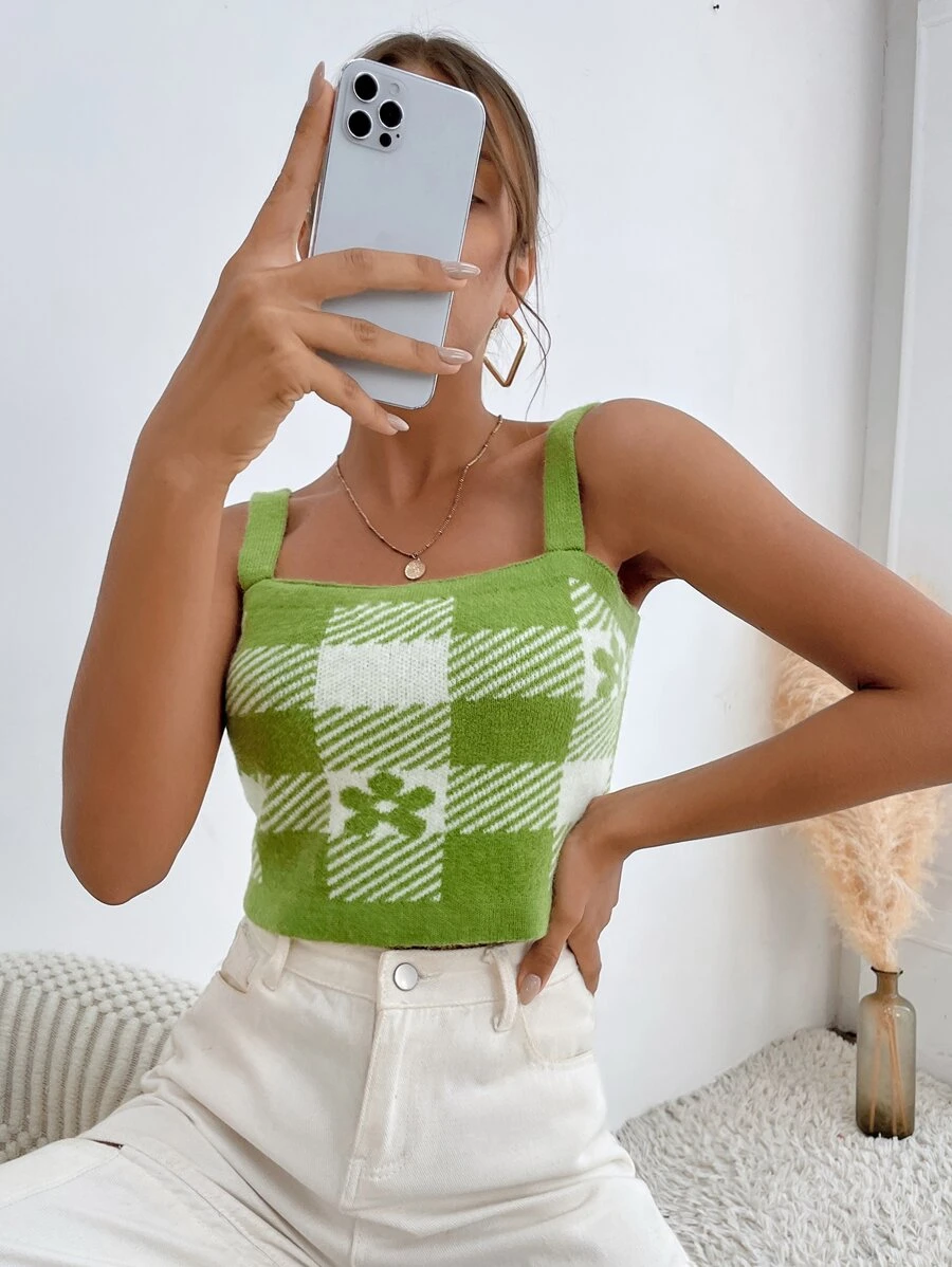 大格紋和花卉圖案短款針織吊帶上衣 - 青檸色 - 查看 1