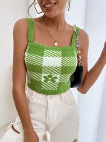 大格紋和花卉圖案短款針織吊帶上衣 - 青檸色 - 查看 3