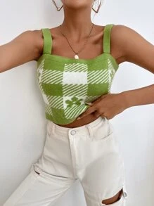 大格紋和花卉圖案短款針織吊帶上衣 - 青檸色 - 查看 4