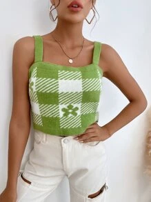 大格紋和花卉圖案短款針織吊帶上衣 - 青檸色 - 查看 5