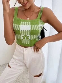 大格紋和花卉圖案短款針織吊帶上衣 - 青檸色 - 查看 6