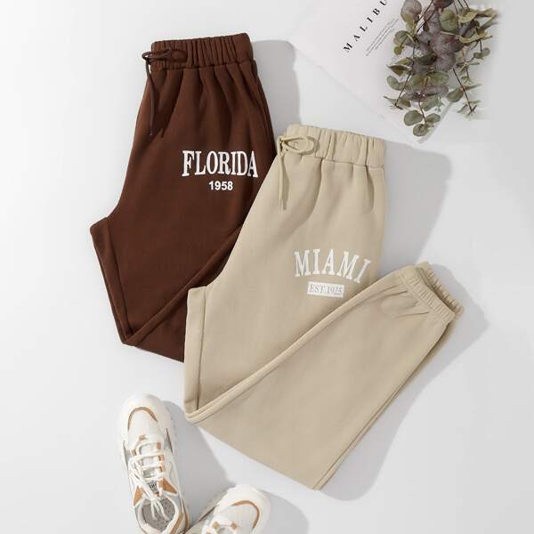 

2pcs Letter Graphic Drawstring Waist Thermal Lined Sweatpants, Multicolor