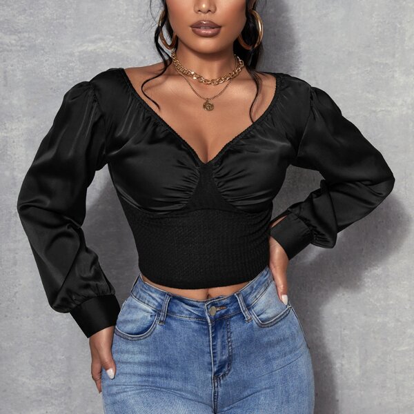 

Bishop Sleeve Waffle Knit Crop Top, Black
