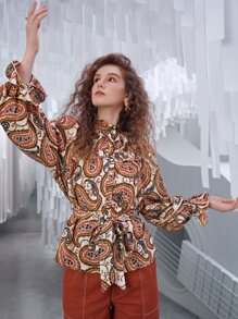 SHEIN 佩斯利印花荷葉邊領口荷葉袖腰帶襯衫 - 彩色 - 查看 5