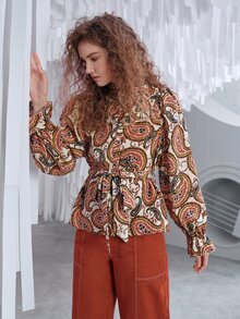 SHEIN 佩斯利印花荷葉邊領口荷葉袖腰帶襯衫 - 彩色 - 查看 2