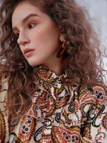 SHEIN 佩斯利印花荷葉邊領口荷葉袖腰帶襯衫 - 彩色 - 查看 3