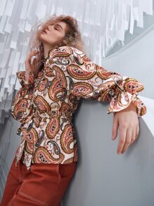 SHEIN 佩斯利印花荷葉邊領口荷葉袖腰帶襯衫 - 彩色 - 查看 4