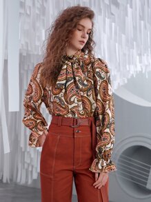 SHEIN 佩斯利印花荷葉邊領口荷葉袖腰帶襯衫 - 彩色 - 查看 6