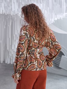 SHEIN 佩斯利印花荷葉邊領口荷葉袖腰帶襯衫 - 彩色 - 查看 7