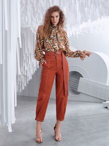 SHEIN 佩斯利印花荷葉邊領口荷葉袖腰帶襯衫 - 彩色 - 查看 8